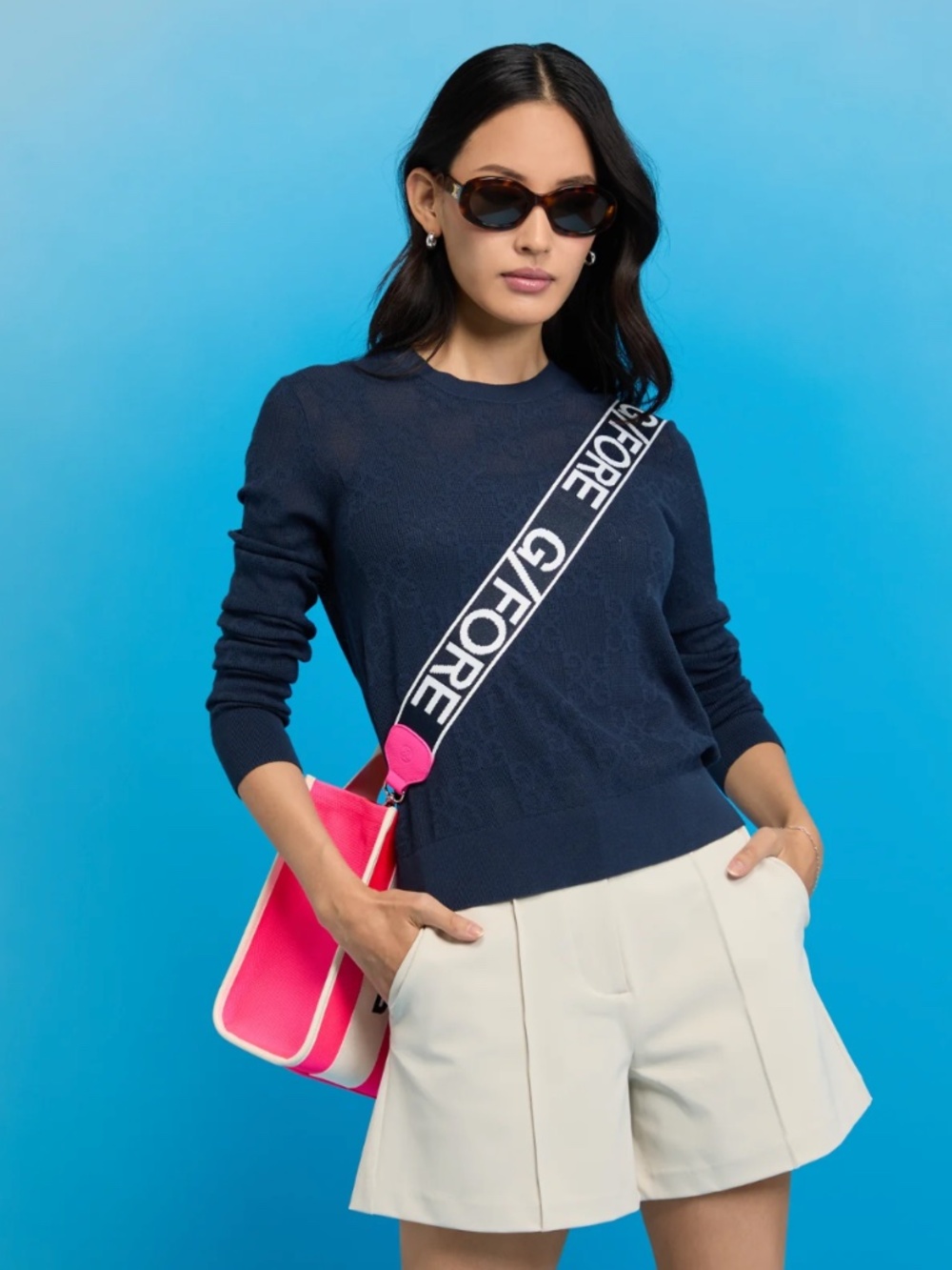 NWT G/FORE Women’s Pointelle G Crewneck Sweater Twilight Navy Blue XS